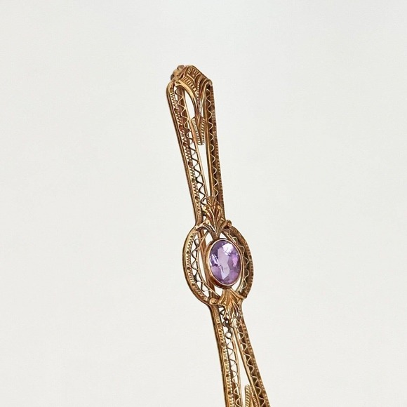 Antique 14K Solid Yellow Gold Intricate Design Detailed Amethyst Bar Brooch Pin - Picture 11 of 11